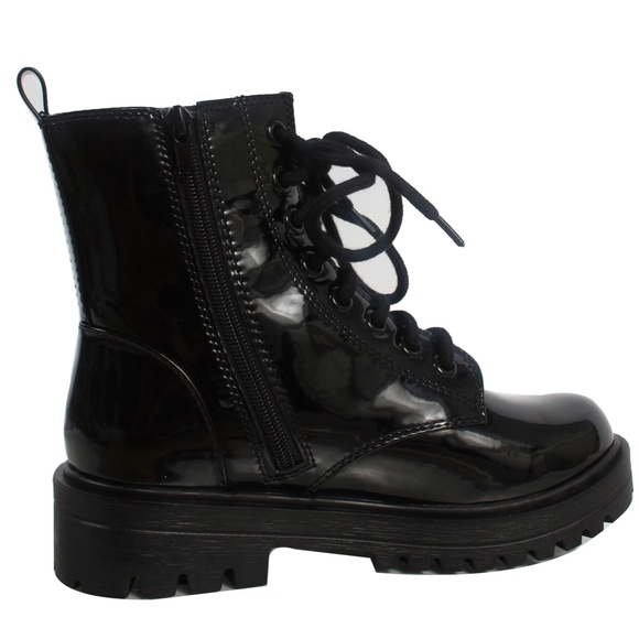 Black Faux Patent Leather Combat Lace Up Ankle Boo - Picture 3 of 6